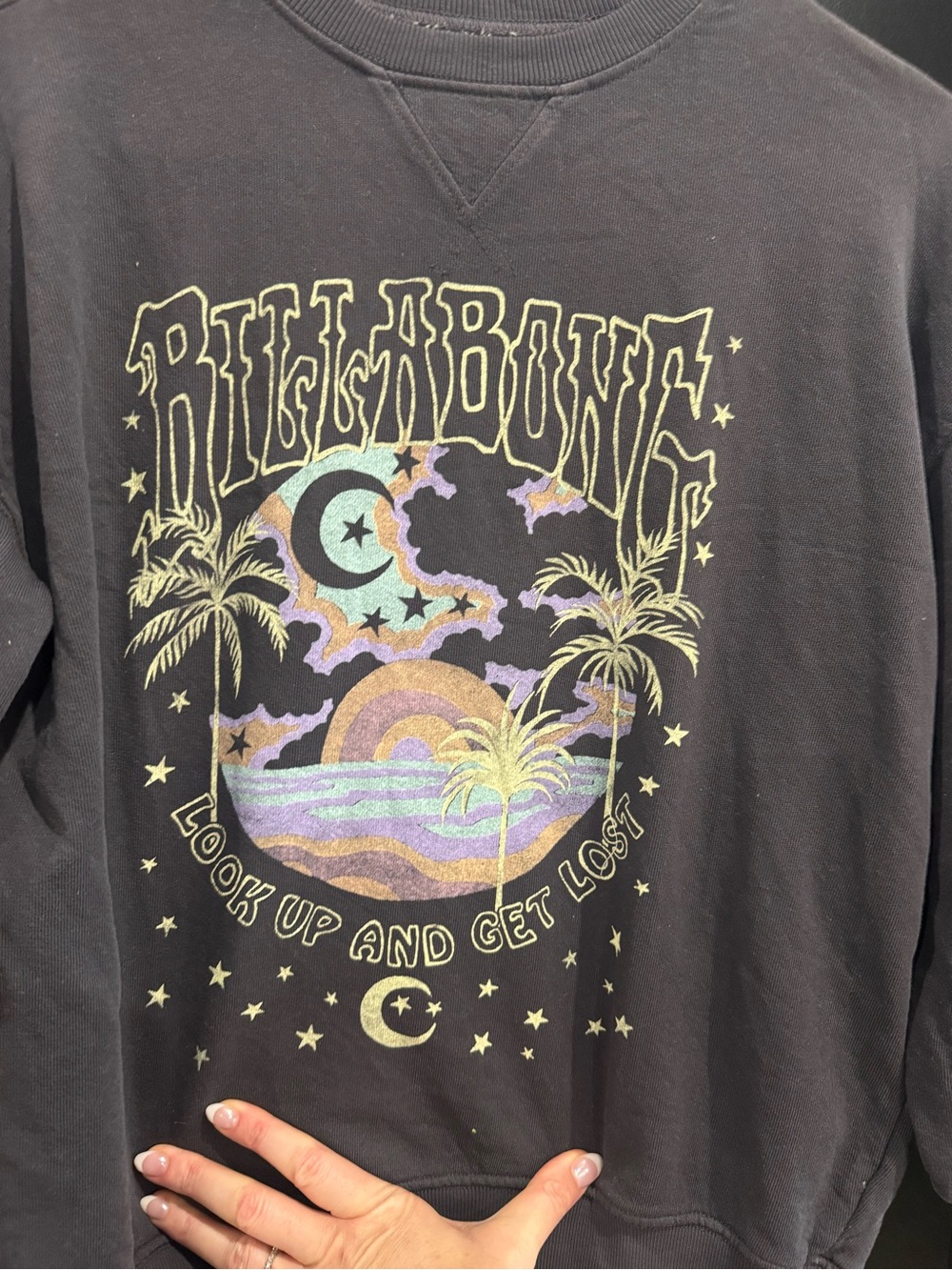 Billabong Black Crewneck Sweatshirt with Pastel Celestial Beach Graphic